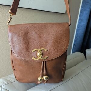 Chanel Vintage drawstring CC backpack in brown caviar leather with gold-tone